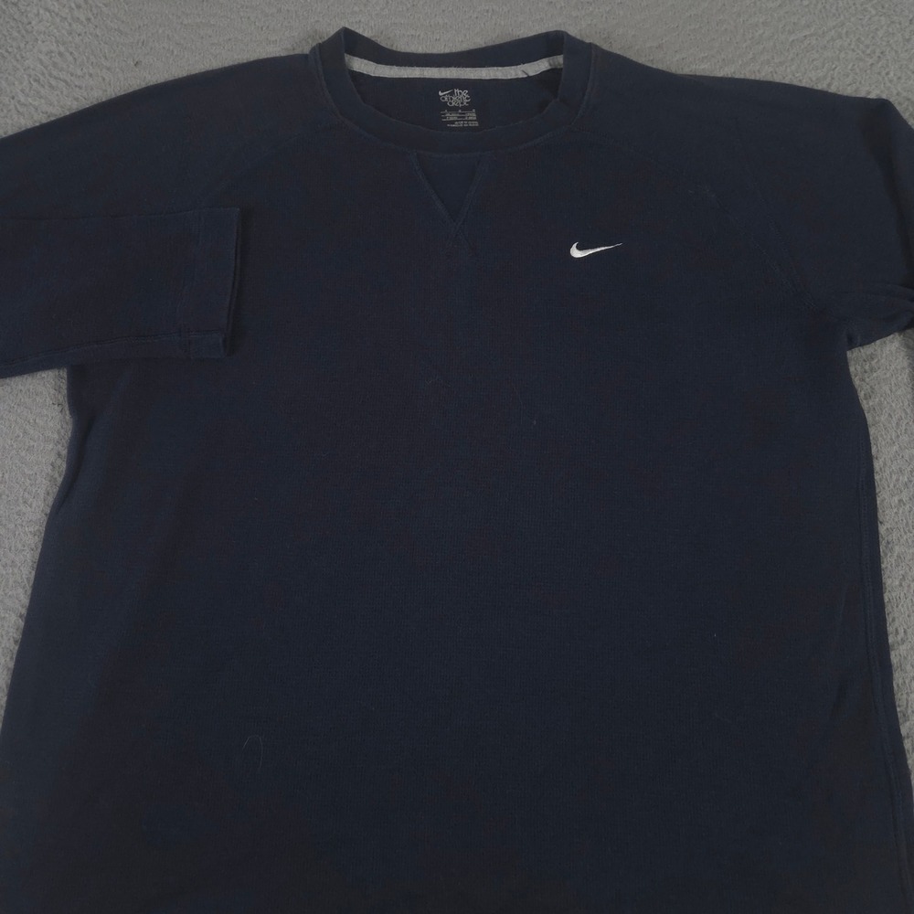 VINTAGE Nike Shirt Mens Large Navy Waffle Knit Thermal Long Sleeve Swoosh 00s